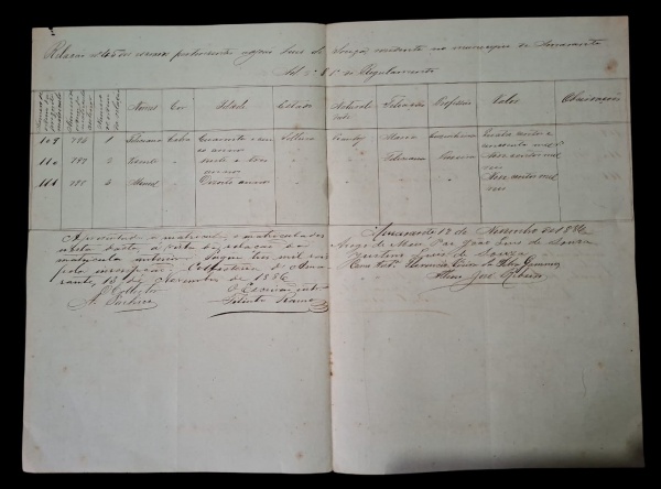 Mapa de Matrícula de Escravos, provavelmente de 1856 - Tipo: "Mapa dos escravos pertencentes a cada fazenda do município de Mucurapé" - cabeçalho da direita - Data: No texto dá pra ler "12 de Março de