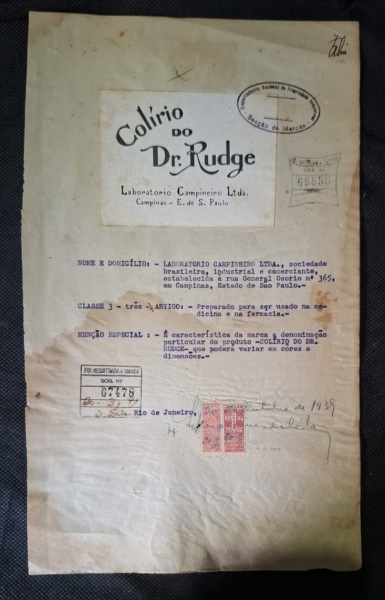 Documento de registro de marca/patente, anos 30 - peça de história da indústria farmacêutica brasileira - Certificado de Registro de Marca: "Colírio do Dr. Rudge" - 1937 - Colírio do Dr. Rudge - Labor