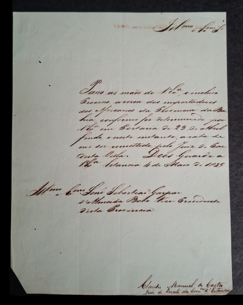 Documento Manuscrito - Vila de Itanhaém, 14 de Março de 1852 - - Data/Local: "Vila de Itanhaém, 14 de Março de 1852" + "Deos Guarde a Vossa Senhoria"- Conteúdo visível: Fala de "africanos", "Secretari