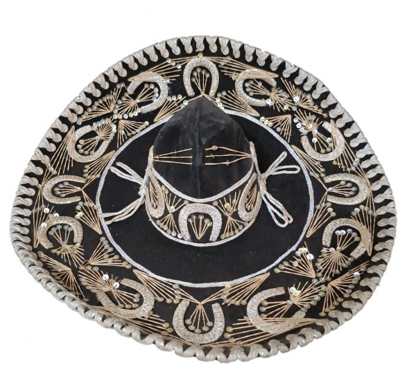 Sombrero mexicano charro bordado - Diam. 60cm - Descrição pela foto:- Modelo: Sombrero charro tradicional mexicano- Cor: Copa preta + bordados dourados/prateados em formato de ferradura e raios de sol