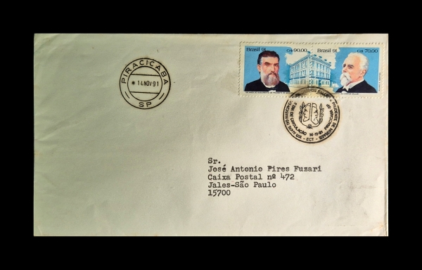 Joias . Envelope de 1991 com selos de Prudente de Moraes e Campos Salles (Piracicaba).