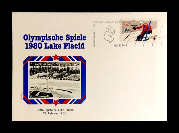 Joias . Envelope comemorativo dos Jogos Olímpicos de Inverno de Lake Placid 1980, com ...
