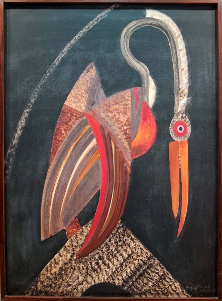 Arte . Miguel dos Santos 1944 - Belíssimo quadro óleo sobre tela, pássaro exótico, ...