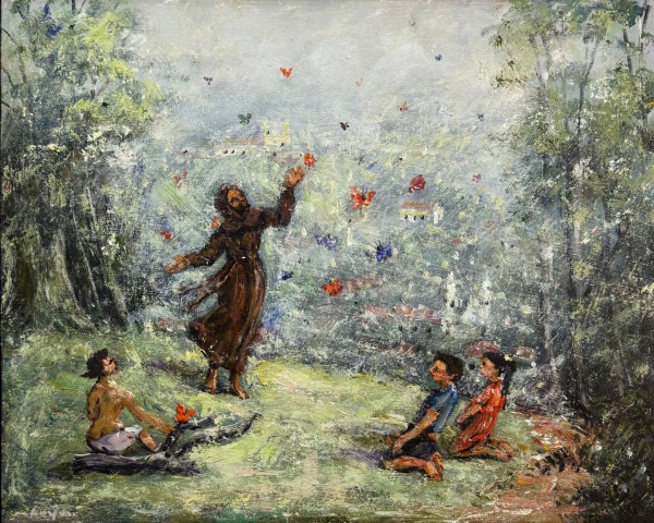 Joias . ELIAS LAYON, São Francisco e as Borboletas, 2025, óleo sobre mdf, assinatura ...