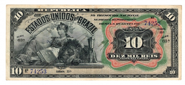 Joias . Cédula do Brasil - Autografada - 10 Mil Réis 1907 - R-104 - MBC++ - Série 63ª - ...