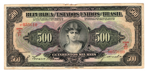 Joias . Cédula do Brasil Muito Rara - 500 Mil Réis 1927 - R-189 - MBC++ - Série 1ª - 1ª ...