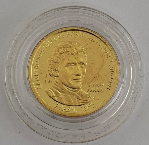 Joias . MOEDA DE OURO ARTON SENNA TRICAMPEÃO DA F1 20 REAiS 1995 TIRAGEM: 5000 UNID. - ...
