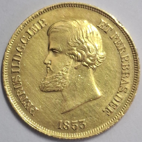 Joias . MOEDA DE 10 MIL RÉIS DE OURO DO IMPÉRIO 1853 - 8,96g - AU917