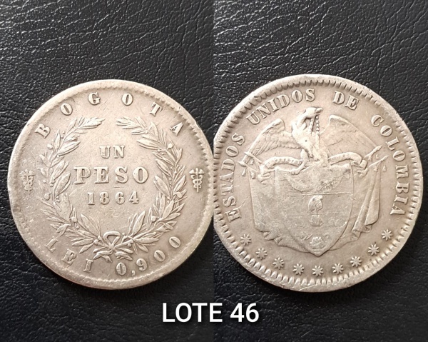 Joias . Colômbia - 1864 - Un Peso - RARA - Prata 0,900% - Peso 25g - MBC - Expectativa ...