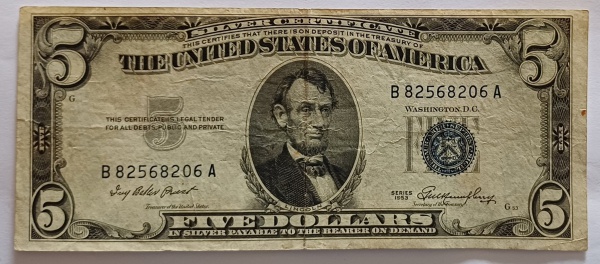 Estados Unidos, 5 Dólares de 1953, selo azul, Lincoln, mbc.