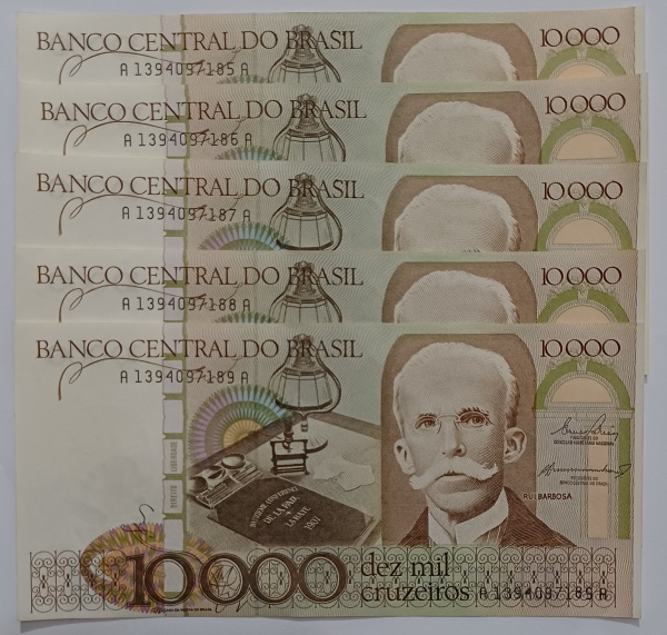 Joias . 5 Cédulas Sequenciais - C170 - 10.000 Cruzeiros, 1984, FE . Rui Barbosa, ...