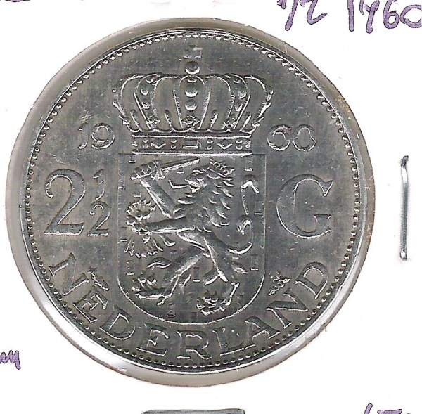 HOLANDA - 2 1/2 Gulden - Prata .720 - 15 g - 33 mm - mbc. Rainha Juliana.