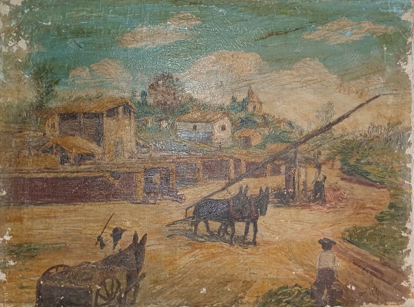 Arte . ALFREDO VOLPI, óleo sobre tela. "Cena rural com casarios, animais e ...