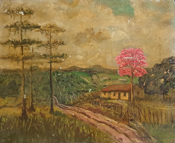 Joias . ANITA MALFATTI, óleo sobre madeira. "Paisagem com casario", medindo: 36 ...