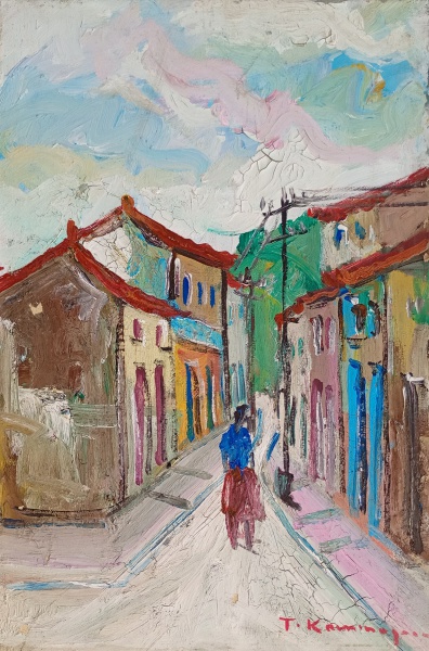 Arte . T. KAMINAGAI, óleo sobre tela. "Casarios e figura", medido: 60 x 40 cm. ...