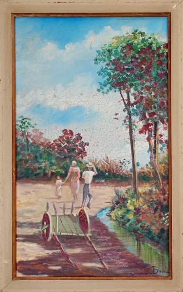 Arte . EUGÊNIO BASSI, óleo sobre tela. "Paisagem com carroça e figuras", ...