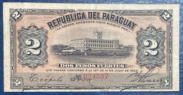 Joias . RARA - CEDULA DO PARAGUAI - 2 PESOS FUERTES 1903 - BC / MBC.