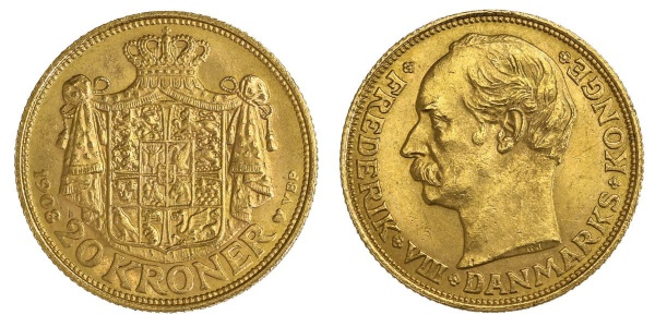 Joias . Moeda da Dinamarca - 20 Kroner - Frederik VIII - 1908 - Ouro (.900) - 8.96 g - ...