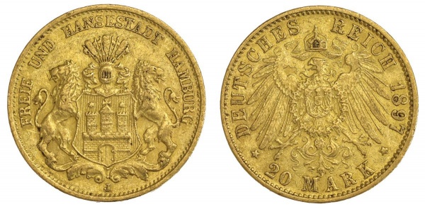 Joias . Moeda da Prussia (Estado Germânico) - 20 Marcos - 1897 J - Ouro (.900) - 7.96 g ...