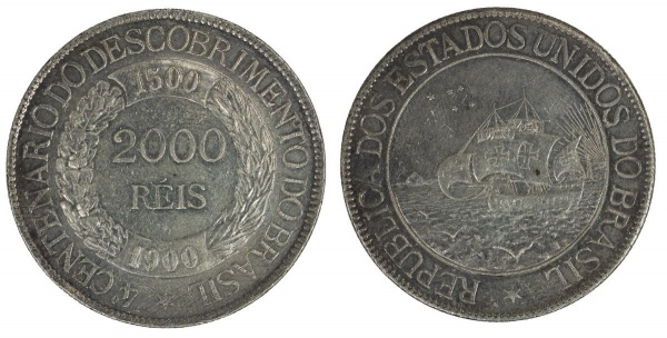 Joias . Moeda do Brasil - 2000 Réis - 1900 - Prata - República - 4º Centenário do ...