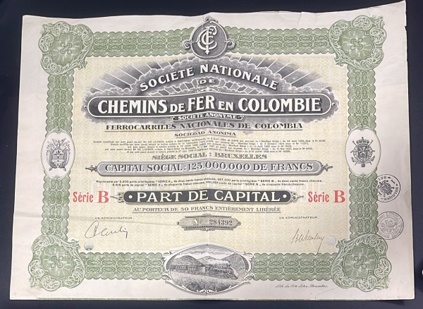 Joias . APOLICE - COLOMBIA (FERROVIARIA) 1942 - CONFORME FOTOS.