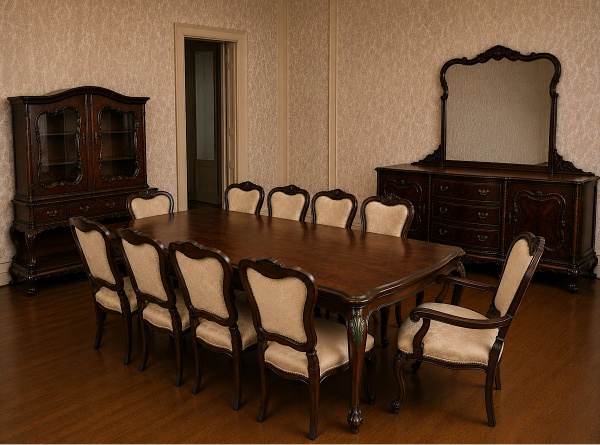 Joias . Conjunto completo de sala, 13 peças, estilo Luiz XVI, em rádica de canela: Mesa ...