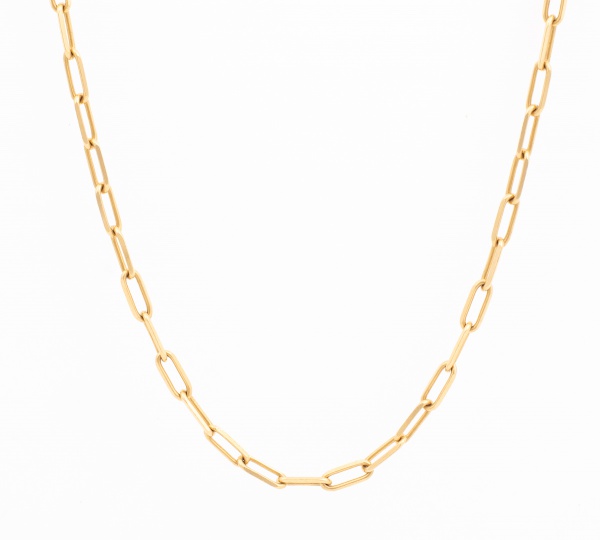 Cordão estilo Cartier, em ouro amarelo, contrastado 750 K. Med. aberto 59 cm. Peso 11,3 gr. (Por medida de segurança esse lote não se encontra em nossa loja).