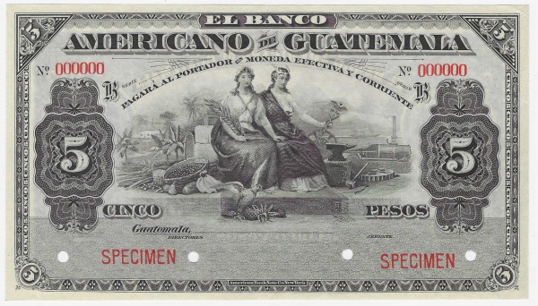 Joias . Cédula da Guatemala - 5 Pesos - 1919 - 1923 - Série B - Specimen - SOB/FC - ...