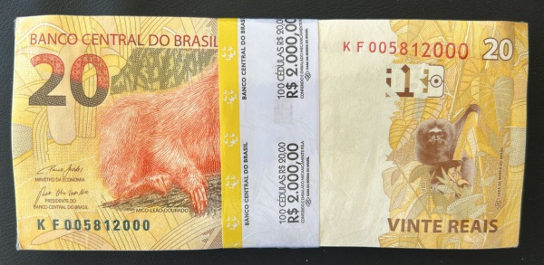 Joias . Centena de cédula lacrada de 20 Reais Série KF, FE.