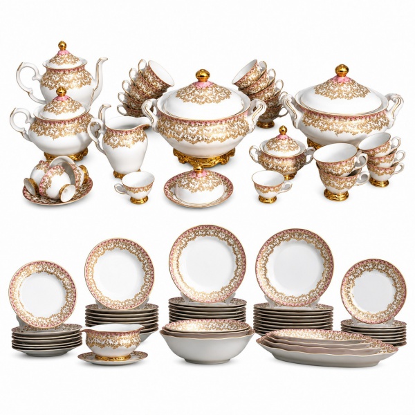 Aparelho de jantar e chá em porcelana Schmidt decoração floral dourada e bordas em tom rosa composto por 24 pratos rasos; 24 pratos de sobremesa; 12 pratos fundos; 5 travessas; 1 molheira com prato su