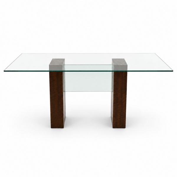 Mesa de jantar com tampo em vidro e base em madeira. Medidas: 77 cm de altura, 230 cm de comprimento e 110 cm de profundidade. Com marcas do tempo e bicado no vidro.