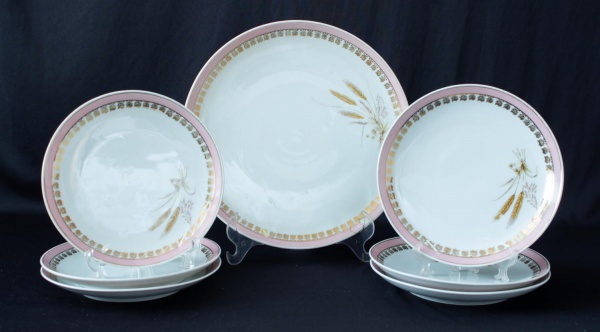 Conjunto em porcelana Schmidt composto por 1 prato raso grande e 5 pratos de sobremesa; decoração com motivos florais e espigas em tons dourado e rosa; medida do maior 27 x 27 cm; apresenta sinais de