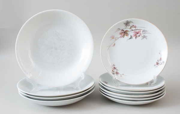 Lote contendo 6 pratos de sobremesa e 4 pratos fundos em porcelana, decorados com motivos florais e frisos ornamentais, medindo o maior 22 cm de diâmetro; apresentam sinais de uso, riscos superficiais