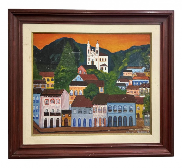 Mariana, óleo sobre tela representando casario colonial com igreja e paisagem montanhosa ao fundo, assinado e datado de 1976 no canto inferior direito; emoldurado; medidas 67 x 58 cm (obra) e 95 x 84