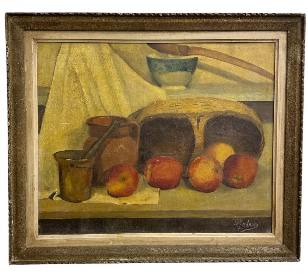 Machado, óleo sobre tela representando natureza-morta com pão, maçãs e utensílios domésticos, assinado e datado Rio 1962 no canto inferior direito; emoldurado; medidas 59 x 49 cm (obra) e 73 x 61 cm (