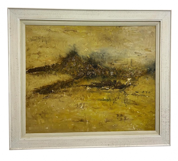 Quadro abstrato, óleo sobre tela, composição em tons terrosos e dourados, com rica textura e empastamento; emoldurado; medidas 72 x 59 cm (obra) e 90 x 75 cm (moldura); apresenta sinais de uso, marcas