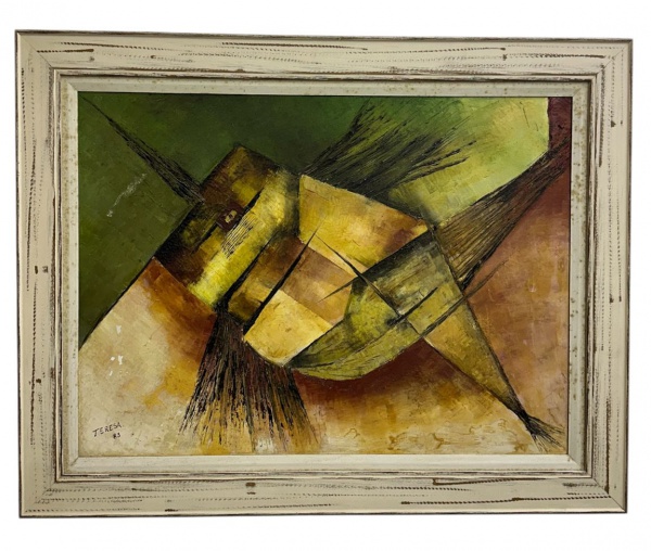 Teresa, óleo sobre tela de composição abstrata, assinado e datado de 1983 no canto inferior esquerdo; emoldurado; medidas 72 x 52 cm (obra) e 89 x 70 cm (moldura); apresenta pequenas perdas de camada 