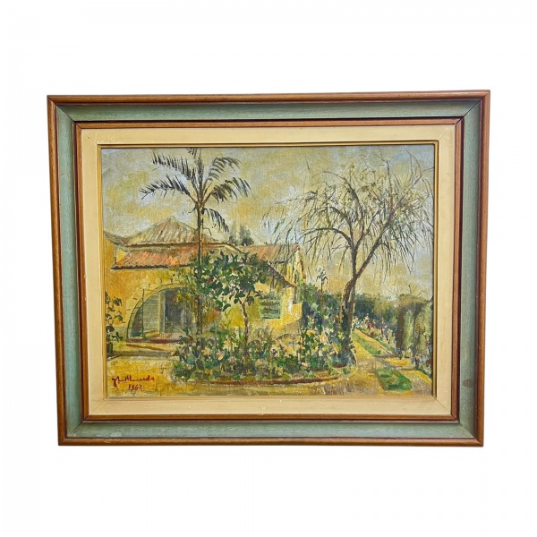 José Maria de Almeida (1906-1995) óleo sobre tela representando paisagem com residência e vegetação, assinado e datado de 1963 no canto inferior esquerdo, verso identificado com inscrição do artista.