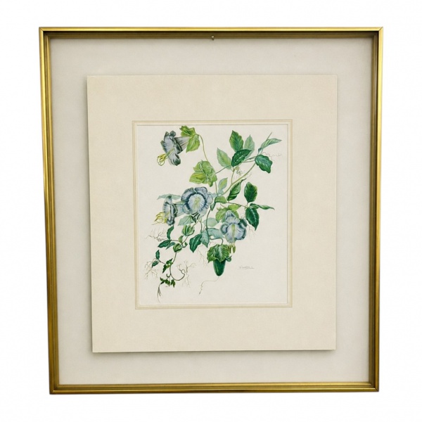 Rosalia Bemonte gravura com composição botânica representando flores e folhagens, assinada no canto inferior direito, protegida por vidro e moldura metálica dourada. Apresenta marcas do tempo, manchas