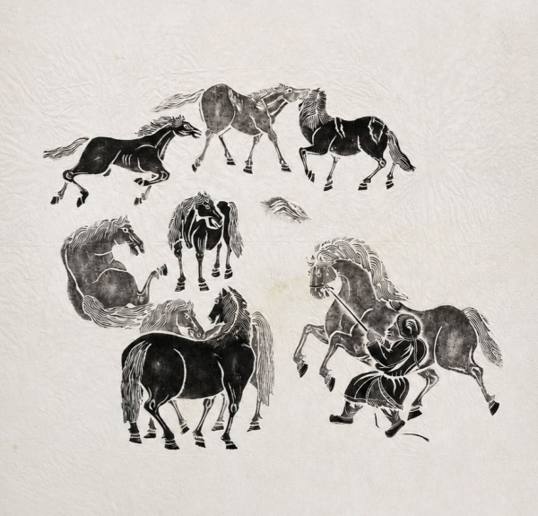 Gravura monocromática com composição de cavalos em diferentes poses, protegida por vidro e moldura metálica. Medidas totais 91 x 91 cm. Apresenta marcas do tempo e leves desgastes conforme fotos. Vend