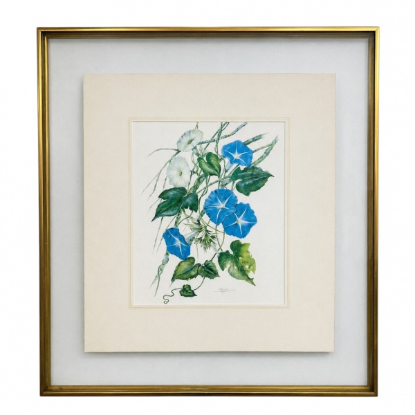 Gravura floral assinada por Rosalia Bemont, protegida por vidro e moldura metálica dourada. Medidas totais 73 x 67 cm. Com marcas do tempo e leves desgastes conforme fotos.