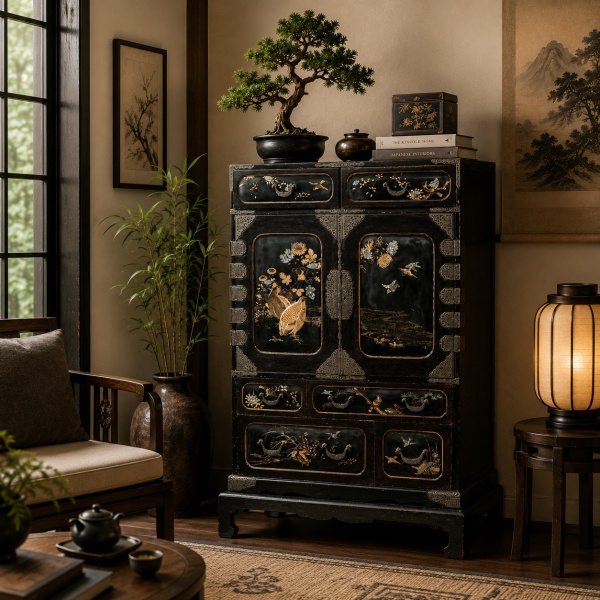 Cabinet japonês período Meiji/Edo (séc. XIX), laca preta com decoração em ouro técnica maki-e e incrustações de madrepérola representando pássaros, faisões e flores. Interior em marchetaria geométrica