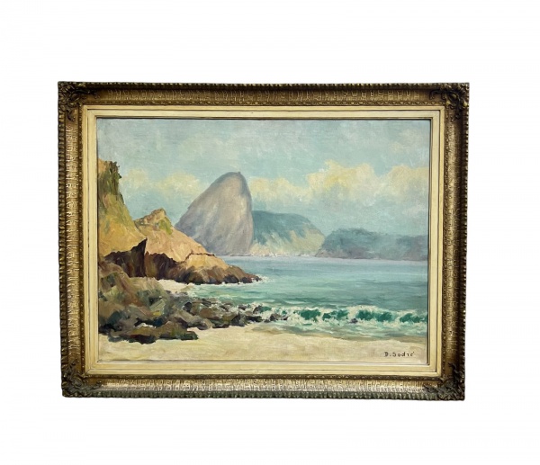 Diógenes Sodré - Óleo sobre tela representando paisagem litorânea com vista do Pão de Açúcar, assinado no canto inferior direito D. Sodré; moldura dourada; medidas aproximadas 98 x 74 cm (externas) e