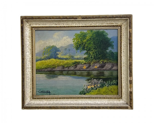 Clara Welker - Óleo sobre tela representando paisagem rural com rio e vegetação, assinado C. Welker no canto inferior esquerdo; moldura trabalhada; medidas 38 x 32 cm (externas) e 29 x 23 cm (internas