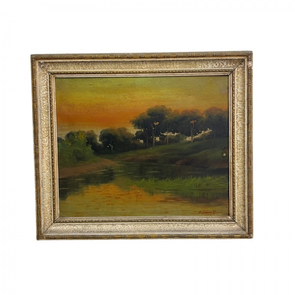Auguste Petit - Óleo sobre Eucatex representando paisagem com rio e vegetação ao entardecer, assinado no canto inferior direito; acondicionado em moldura trabalhada; medidas 49 x 41 cm (externas) e 38