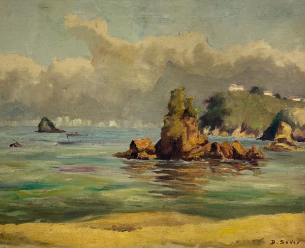 Diógenes Sodré - Óleo sobre tela representando paisagem litorânea com formações rochosas e vista costeira ao fundo, assinado D. Sodré no canto inferior direito; medidas 62 x 40 cm; apresenta marcas do