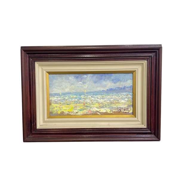 Manoel Santiago - Óleo sobre Eucatex representando cena marítima com figuras na praia, assinado no canto inferior direito, emoldurado. Medidas da obra 31 x 16 cm e medidas totais 52 x 33 cm. Com marca