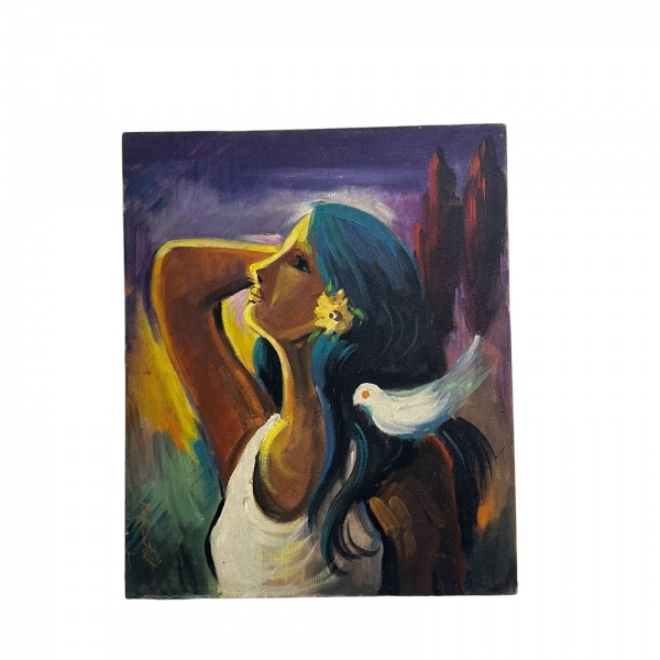 Quadro óleo sobre tela representando figura feminina com pomba, em composição expressionista de cores vibrantes. Medidas aproximadas 38 x 46 cm. Com marcas do tempo e uso conforme fotos.