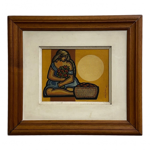 Apolonio - Quadro assinado representando figura feminina, emoldurado; medidas externas 46 x 40 cm e internas 23 x 18 cm; apresenta marcas do tempo e desgastes.