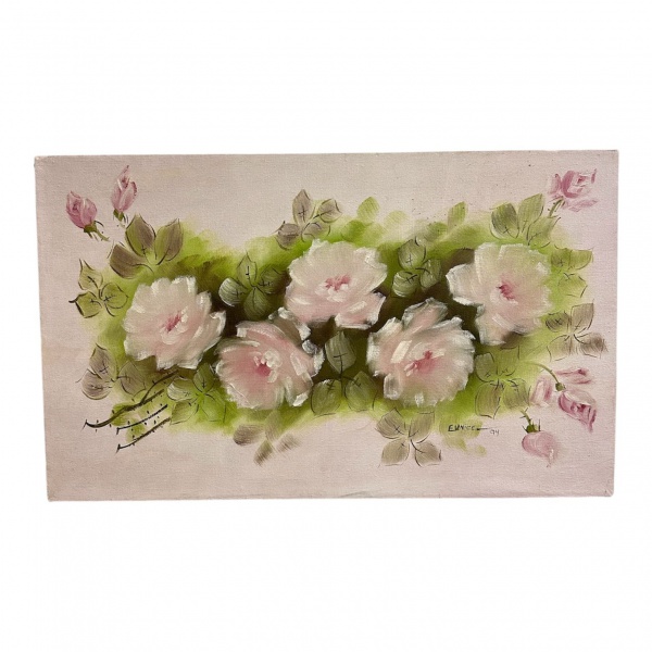 Eunice - Quadro óleo sobre tela, datado de 1994; floral assinado por Eunice, medidas 50 x 30 cm; apresenta marcas do tempo e desgastes.